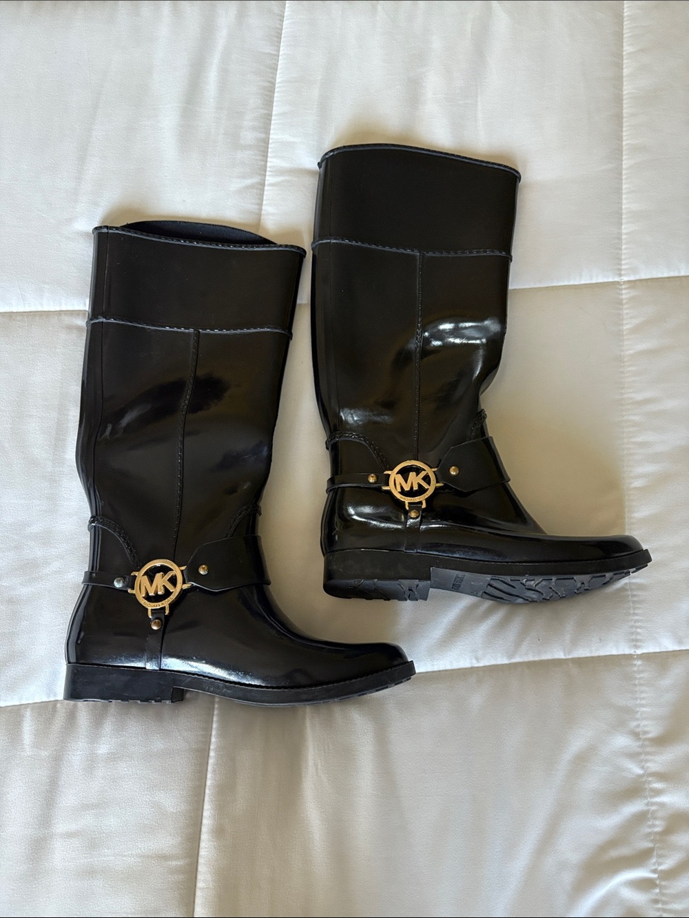 Michael Kors Black Patent Logo Harness Rain Boots